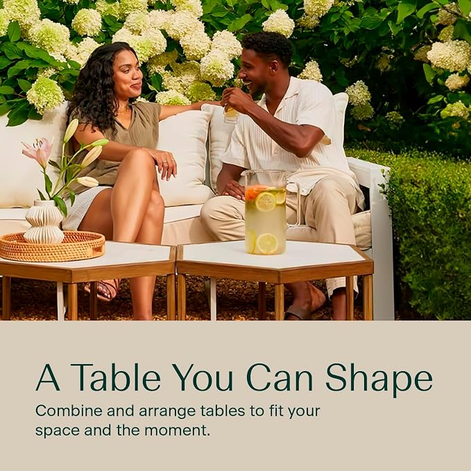 Honeycomb Indoor/Outdoor Omni Table: Weather, Rust, Heat, and Stain Resistant, Flexible Design to Stand Alone or be Combined, Stylish Yet Sturdy, Grey Tile Top, Steel Frame with Oak Finish