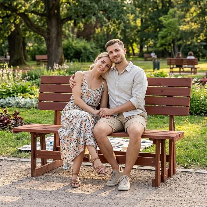 2-IN-1 Convert A Bench Picnic Table Wood Bench to Table With Umbrella Hole | Convertible Wood Bench with Backrest,Foldable Space Saving,Easy to Assemble &Clean,Portable, Ideal for Patio, Porches, Garden