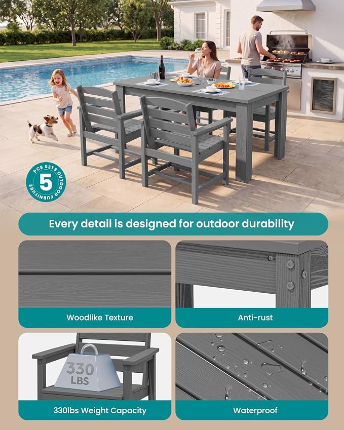 SERWALL 59" HDPE Outdoor Dining Set for 4, w/ 1 Table & 4 Armchairs, Gray | All Weather Resistant HDPE Dining Sets for Patio, Garden, Backyard