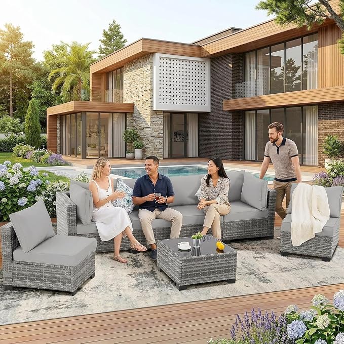 7 Pieces Outdoor Patio Furniture Set, All-Weather Sectional Sofa | Light Grey Wicker Conversation Set with Glass Table and Cushions | PE Rattan Weaving | Ideal for Patio, Pool, Balcony