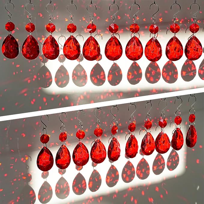 10 Pcs Red Crystal Bauhinia Suncatcher Prisms Chandelier Window Decor | Red Crystal Bauhinia Prisms Suncatcher Pendants 38mm Chandelier Beads Replacement for Window Wedding Party Decor