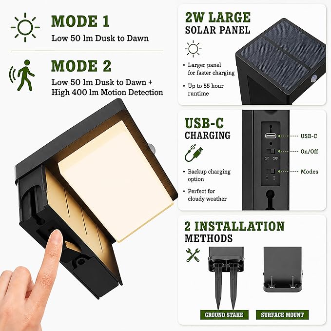 Solar Pathway Lights Courtyard Series, Motion Detection,2 Modes,2pk