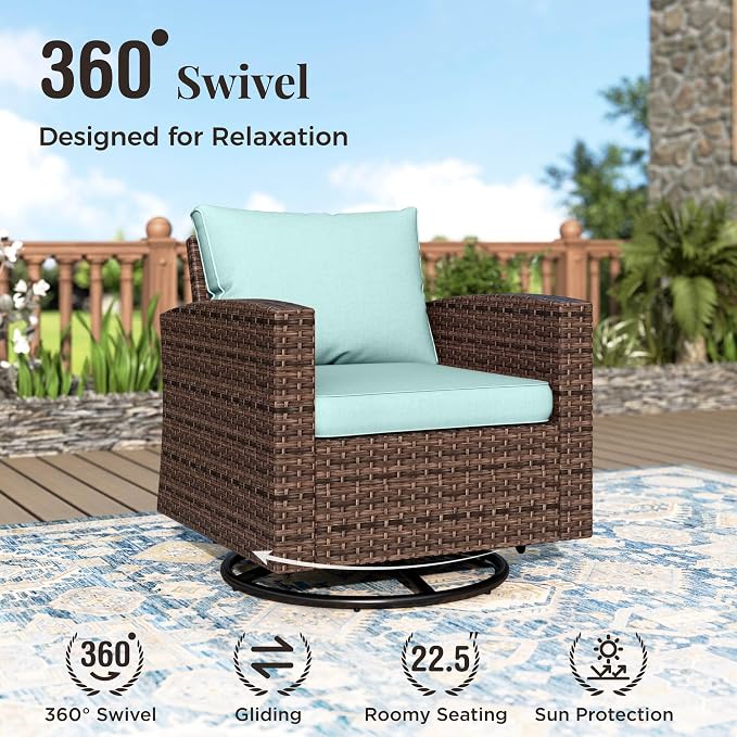 MIXPATIO Patio Furniture Set, 6 Pcs Wicker Outdoor Conversation Set, 2 x Swivel Chairs, 1 x 3 Seater Sofa, 1 x 2-Seat Lover Sofa and 2 x Ottomans with 4" Thick Cushion for Garden Backyard Deck, Blue