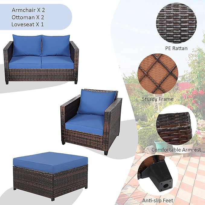 DORTALA 5-Piece Outdoor Patio Conversation Set, Loveseat and 2 Ottoman, Outdoor Sectional Rattan Sofa Set, Multifunctional Rattan Furniture Set Suitable for Home Backyard Garden Poolside Balcony, Navy