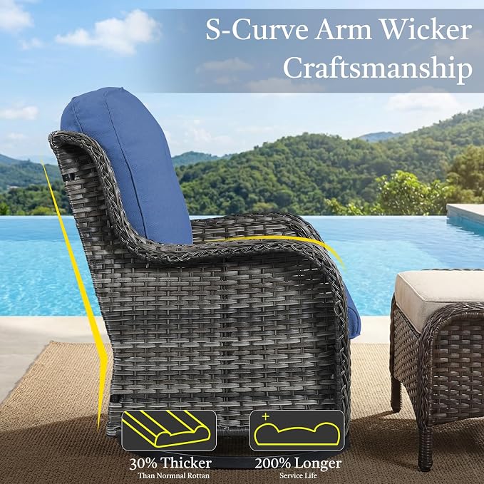 7 Piece Patio Furniture Set with 41" Fire Pit Table - High Back Swivel Glider Patio Chairs Set of 6, All Weather Deep Seating Outdoor Conversation Set for Porch Deck Yard Pool Brown