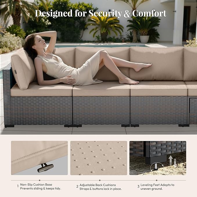 WWR Patio Furniture Set 7 Piece - All-Weather - Wicker Rattan Patio Outdoor Conversation Set, Modular Sectional Sofa for Backyard, Garden, Poolside, Balcony, Porch, Patio, Brown/Khaki