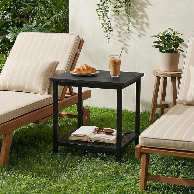 2-Tier Outdoor Side Table with Storage, Weather Resistant Patio End Table, HDPS Small Accent Table for Deck, Garden, Pool, Backyard, Black 2pcs
