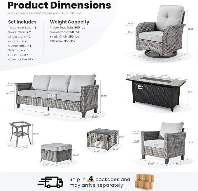 ovios 10 Pieces Patio Furniture Set, Outdoor Wicker Sofa Couch with Swivel Glider Chairs Solar Light Table Fire Pit, Modern Deep Seat Rattan Conversation Sets, Grey