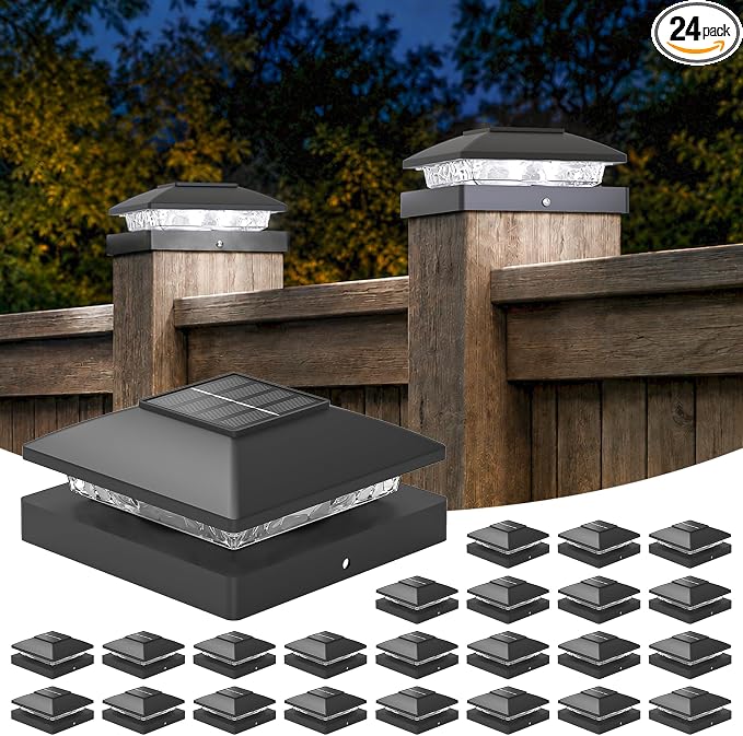 APONUO Solar Post Cap Lights for 4x4 Posts - IP64 Waterproof, 6500K LED, No-Wire Fence Lights & Deck Lights for Patio Garden Yard Patio, Black-Cool White, 24 Pack