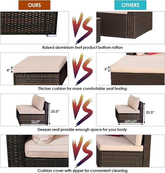 Tangkula 5 Pieces Patio Rattan Furniture Set, Outdoor Sectional Rattan Sofa Set with Back & Seat Cushions, Wicker Conversation Set with Tempered Glass Table for Backyard Porch Poolside (Brown)