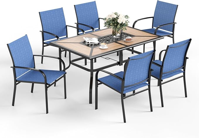 SUNSHINE VALLEY 7 Pcs Patio Dining Set for 6, Metal Rectangular Dining Table (PVC Table Top) with Umbrella Hole and 6 Chairs, Outdoor Dining Set for Lawn Garden Deck, Blue