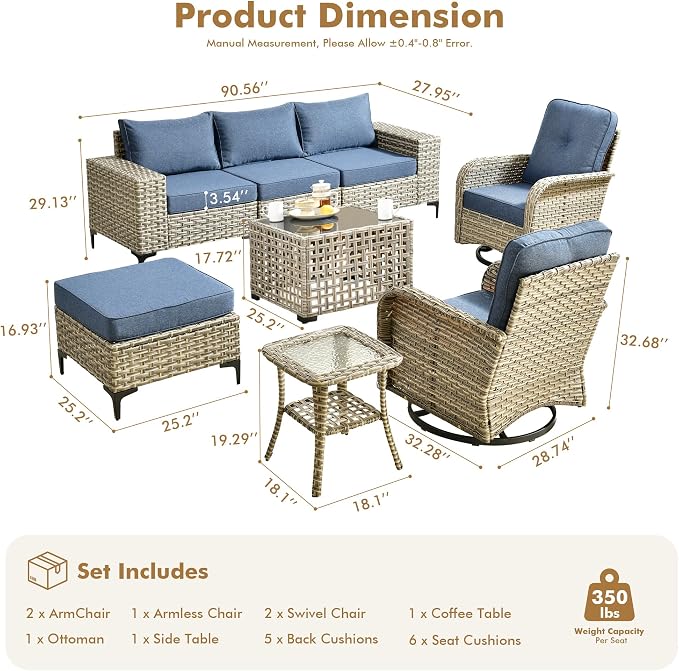 Patio Furniture Set, 8 Pieces Outdoor Wicker Conversation Sets with 2 Wicker Rocking Chair & Coffee Table Outdoor Sectional Sofa for Balcony Backyard Poolside Garden Lawn (Blue)