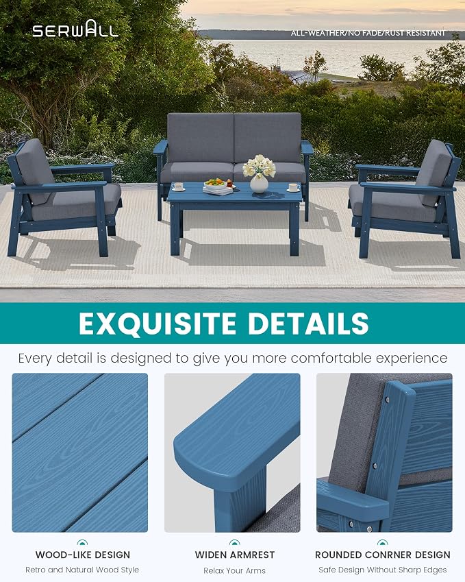 SERWALL HDPE Outdoor Furniture Set, 7 Piece All Weather Wood-Like Outdoor Sofa Sectional Couch, Blue Patio Furniture Set with Grey Cushions