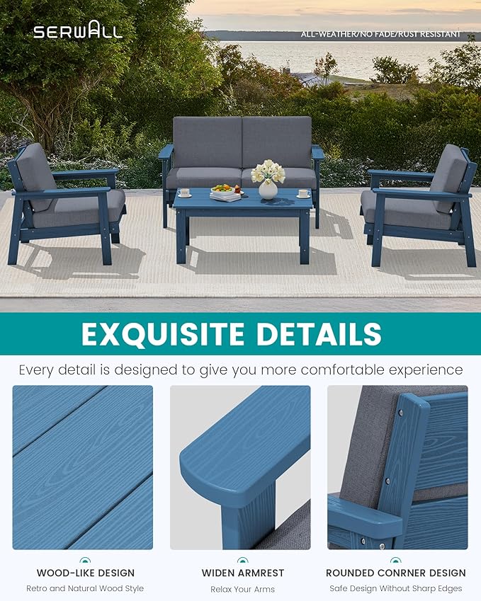 SERWALL HDPE Outdoor Couch Set of 2, Blue Frame and Grey Cushion
