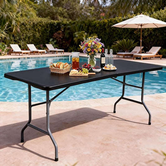 DWVO 6FT Folding Table, Heavy Duty Folding Tables with Carrying Handle, HDPE Fold up Table for Outdoor Camping Picnic Parties, Indoor Events (Black)