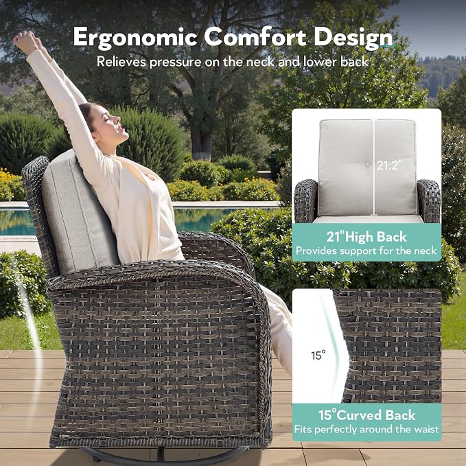 5 Piece Patio Furniture Set with Fire Pit Table - Wicker Patio Conversation Set with Swivel Glider, 3-Seat Sofa, Tempered Glass Side Table for Deck Backyard - Brown Wicker Beige Cushion