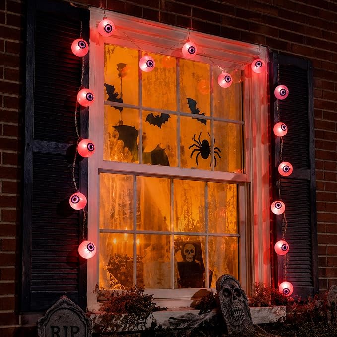 Crazy Night Halloween String Lights 10Ft 20 LEDs Battery Operated Red Eyeball Lights with Steady Flashing Modes Halloween Party Decor