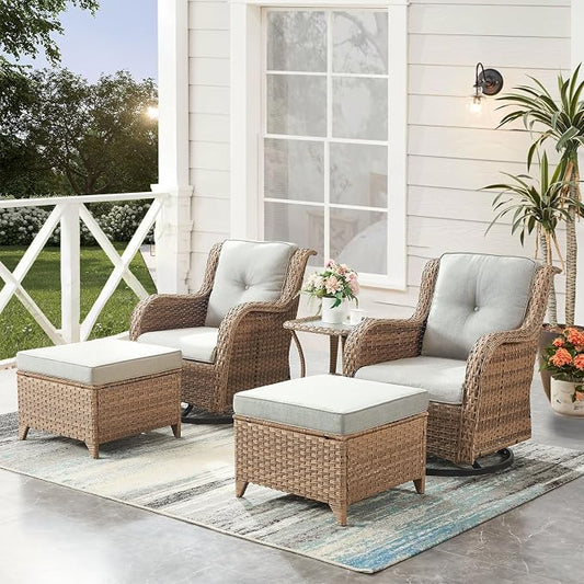 HUMMUH 5 Piece Outdoor Patio Furniture Set Wicker Conversation Bistro Set Swivel Rocking Chairs with Side Table and Ottomans for Backyard, Porch, Balcony