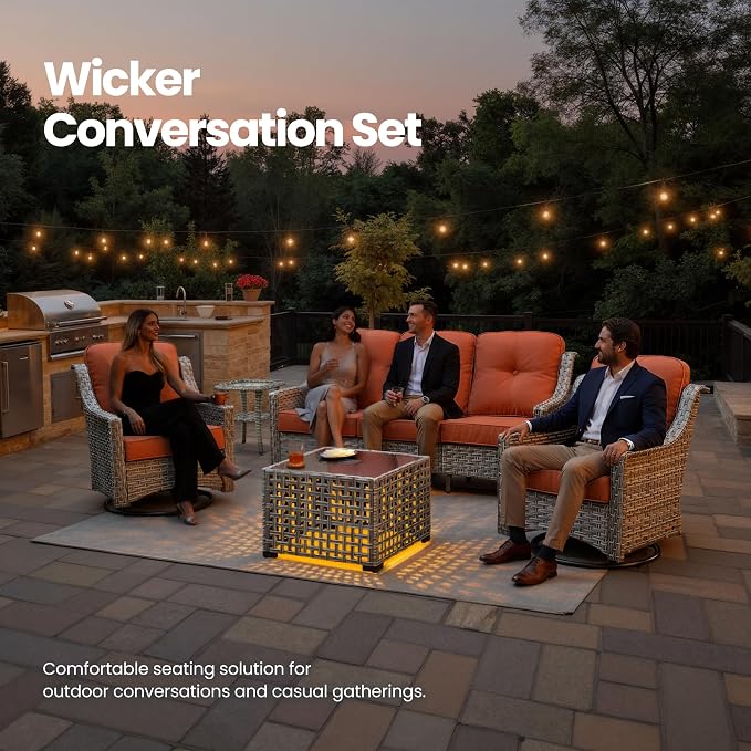 5 PCS Patio Conversation Set, All-Weather Rattan Wicker Outdoor Patio Furniture Sets with High Back Swivel Rocker Chair, Solar Light Coffee Table for Porch,Backyard,Balcony,Orange