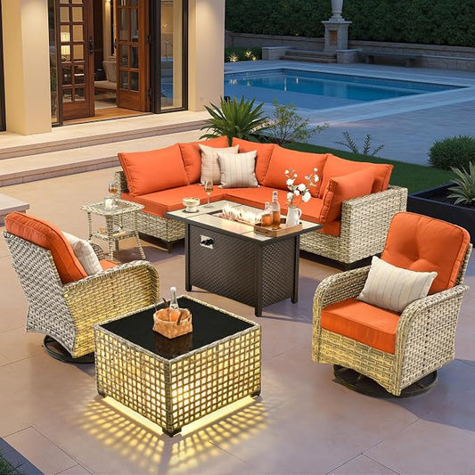 Outdoor Sectional Patio Furniture Set with Fire Pit Table,9 Pieces Rattan Wicker Conversation Sets L Shaped Couch,Outside Furniture with Swivel Chairs Glowing Coffee Table,Orange