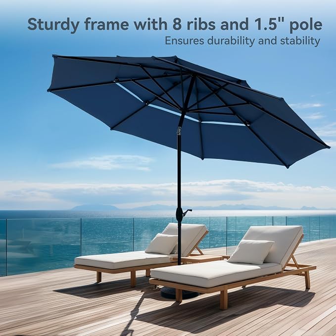 PHI VILLA 5 Pieces Outdoor Dining Set with Umbrella for 4 | 37" Square Metal Table & Stacking Chairs&3-Tier Blue Umbrella,Outside Furniture Set for Patio,Deck,Porch,Backyard