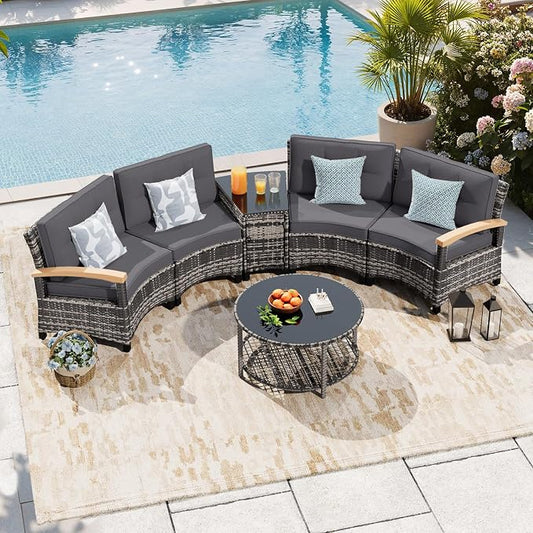 MEISSALIVVE 6-Piece Half-Moon Curved Outdoor Patio Furniture Set, Sectional Conversation Sofa with Wood Armrests, Coffee & Side Tables for Backyard Deck Garden, Grey