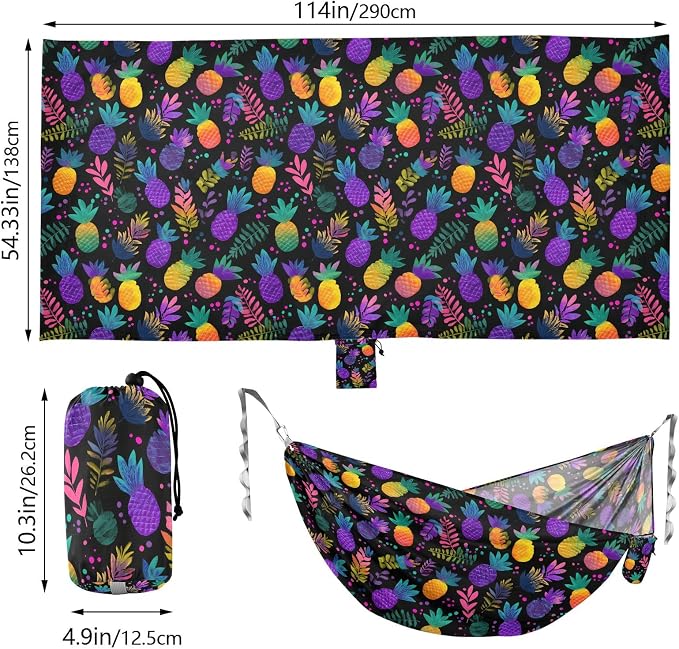 Camping Hammock Outdoor Hammocks for Outside Colorful Pineapple Neon Beach Trees Portable Lightweight with Pockets Tree Straps Indoor