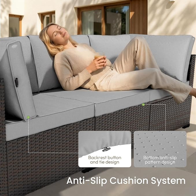 Patio Furniture Set - All-Weather - 7 Piece Patio Outdoor Conversation Set, Modular Wicker Rattan Sectional Sofa for Backyard, Garden, Poolside, Balcony, Porch, Patio, Brown/Light Gary