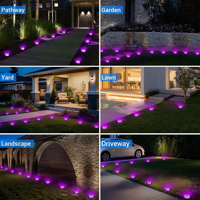 Solar Ground Lights Outdoor, 8 Pack Flat Solar Powered Disc Lights, IP68 Waterproof, Anti-Rust, Landscape Lighting for Pathway Garden Yard Lawn Walkway Landscape Driveway, Purple