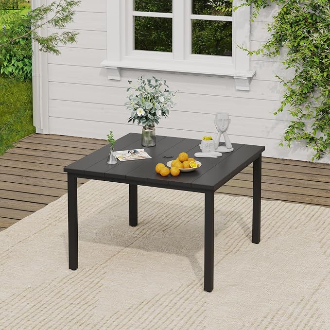 VICLLAX 5 Pieces Patio Dining Set, Patio Furniture Set of Metal Outdoor Table with Umbrella Hole and 4 Swivel Patio Chairs for Backyard Lawn, Mixed Brown & Black