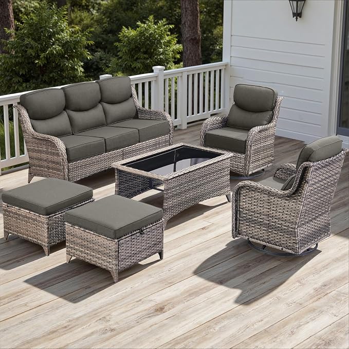 Rilyson Wicker Outdoor Patio Furniture Set - 6 Piece Patio Conversation Sets with Swivel Rocker Chairs, Ottomans, Sofa and Coffee Table, 6 inch Cushions, Deep Seating, for Porch Deck Mixed Grey/Grey