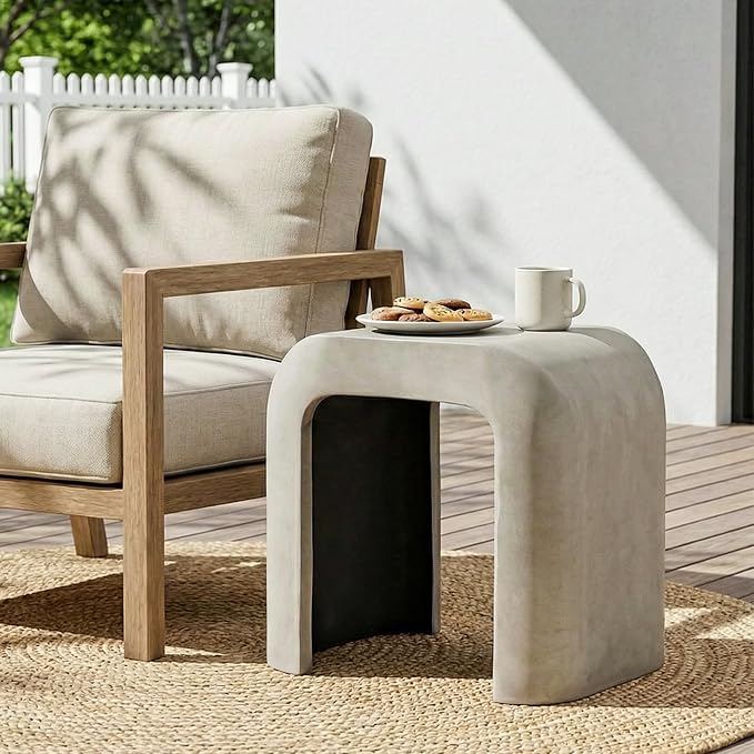 SUNBURY Outdoor Side Table, 18" H Concrete Horseshoe End Table, Rectangular Cement Accent Table for Patio, Round Modern Garden Stool for Patio, Backyard, Grey