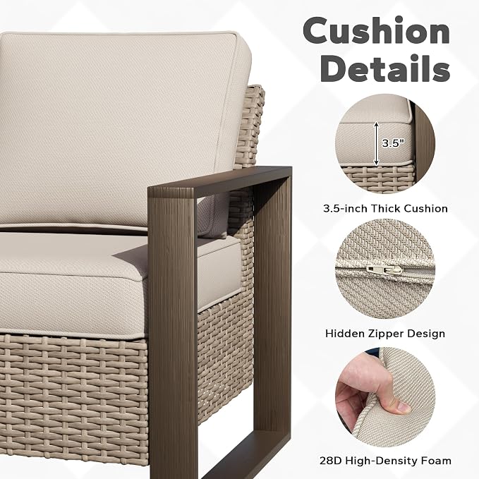 Joyside Outdoor Patio Chairs, 8 Pieces Wicker Rattan Furniture Set, 4 Patio Chairs, 1 Sofa, 2 Ottoman and 1 Table, Metal Wide Armrest, Thick Cushions and Deep Seating for Garden, Backyard, Porch