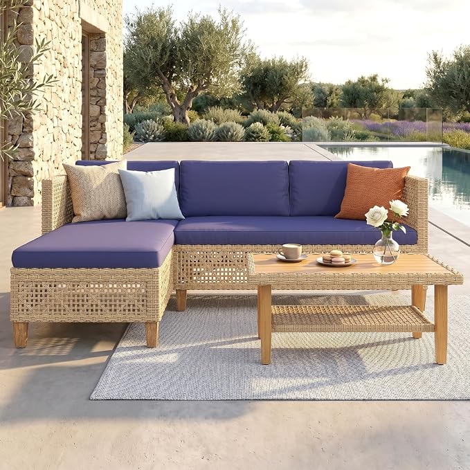 Sophia and William Wicker Patio Furniture Set, Boho Outdoor Conversation Set Rattan Sectional Sets with Acacia Wood Coffee Table for Garden, Porch, Deck(4 Seats, Navy Blue)