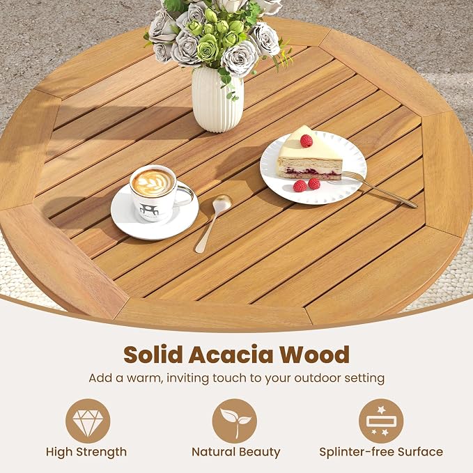 HAPPYGRILL Folding Acacia Wood Patio Table, Round Outdoor Bistro Table 26”, Outside Wooden Coffee Side Table for Porch Balcony Garden and Backyard (2)