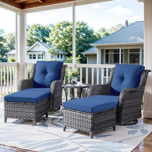 Belord 5 Piece Wicker Patio Furniture Set, Outdoor Swivel Rocker Chairs Set of 2 with Ottomans and Side Table, All Weather Patio Conversation Furniture Set, for Porch Pool, Gray Wicker/Blue