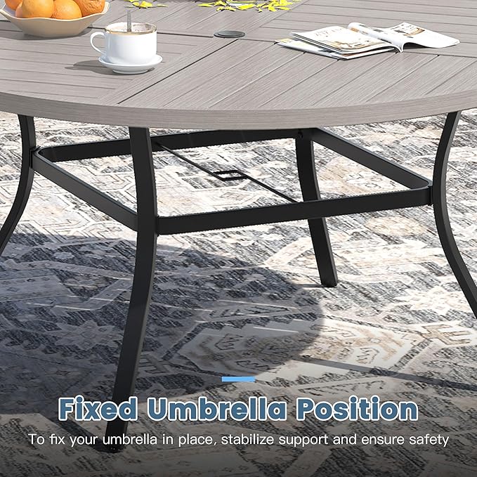 DIFY 11 Piece Outdoor Patio Dining Set for 10, 63" Round Dining Table with Umbrella Hole and Stackable Metal Chairs, Patio Table and Chairs Set for Backyard Garden Poolside, Grey Wood-Like & Grey