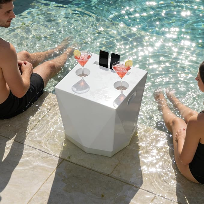Modern Assemble-Free Outdoor Side Table, Pool Side Table for Inside Pool or on Patio, Lounger Table with 2 Cup Holders * 1 Tablet Holder, White