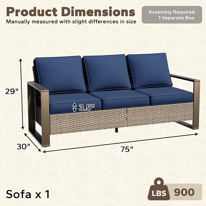 75" Patio Metal Wicker Sofa, All Weather Outdoor Rattan 3-Seat Sofa Couch with Premium Cushions & Rectangular Framed Wood-Looking Metal Armrest for Garden Backyard Porch Deck, Dark Blue