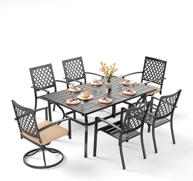 PHI VILLA 7 Pcs Outdoor Dining Set for 6&Fixed Swivel Chairs Combo | 60”Rectangular Black Metal Table with Umbrella Hole Patio Furniture Set for Patio, Deck, Backyard, Porch