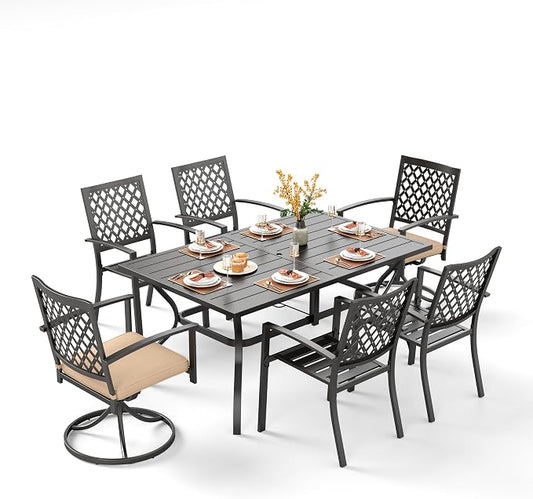 PHI VILLA 7 Pcs Outdoor Dining Set for 6&Fixed Swivel Chairs Combo | 60”Rectangular Black Metal Table with Umbrella Hole Patio Furniture Set for Patio, Deck, Backyard, Porch