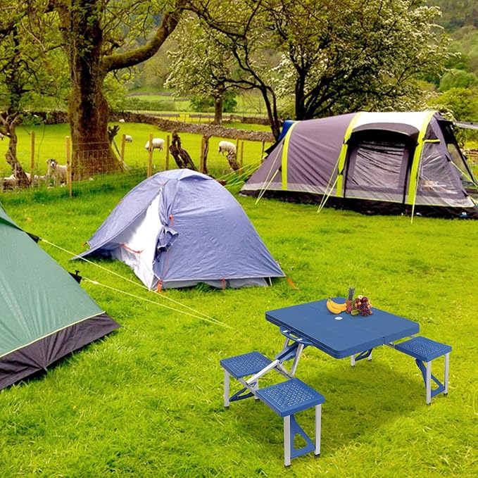Picnic Table,Folding Picnic Table with Umbrella Hole, Aluminum Suitcase Portable Outdoor Table with Bench, Patio, Porch or Camping Table and Chair Set (Blue, Plastic PS Thickened)