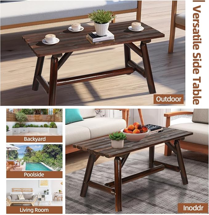 HOMEDIARY Wooden Adirondack Log Side Table, Cedar Wood Outdoor Rectangular End Table w/Slatted Tabletop, Oversize 41.5” Indoor Outdoor Patio Side Coffee Table for Garden Patio Backyard, Carbonized