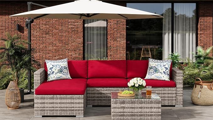 GAOMON 5 Piece Outdoor Patio Furniture Set, All-Weather PE Wicker Sectional Couch Set with Cushions and Ottomans, Outdoor Patio Conversation Set with Glass Table for Backyard, Porch, Balcony