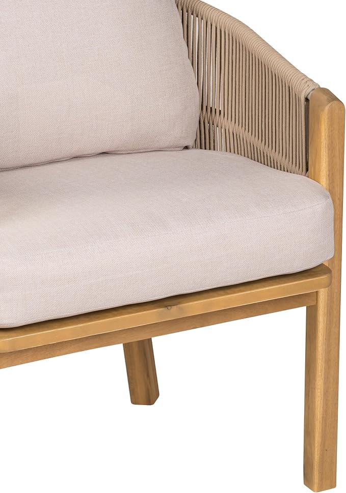 Christopher Knight Home Grotta 9 Piece Outdoor Dining Set, Acacia Wood Patio Dining Table Set with 8 Rope Weave Chairs Beige Cushions Rectangular Outdoor Furniture Set for Garden Patio Backyard
