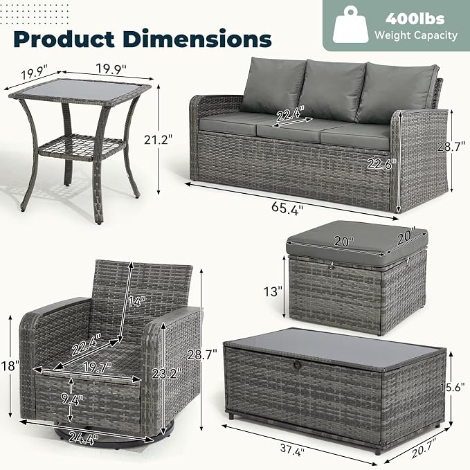 7 Pieces Outdoor Patio Furniture Set with Swivel Chairs, Outdoor Conversation Wicker Patio Furniture for Porch Deck Bistro Lawn Garden Backyard Poolside-Grey