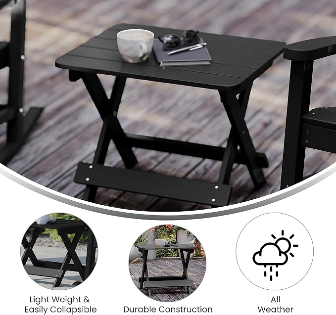 EMMA + OLIVER Haley Outdoor Folding Side Table, Portable All-Weather HDPE Adirondack Side Table, Black