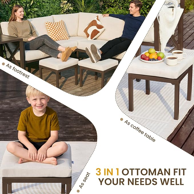 NATURAL EXPRESSIONS 8 Pieces Patio Furniture Sets,Metal Outdoor Sectional Couch L Shape Conversation Set,Highback Patio Sofa with Dining Table,2 Ottomans,Large Waterproof Cover,6.5" Cushion for Yard