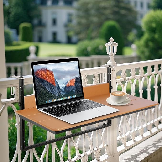 Balcony Railing Hanging Table Outdoor Folding Balcony Bar Table for Railings, Fit Railings 1" to 5.5", Adjustable Height Deck Railing Table for Garden Patio, 31.5" x 15.0", Teak