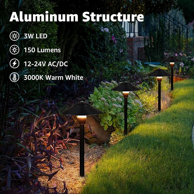 SUNVIE 12-Pack Low Voltage Pathway Lights, 3W 3000K 150lm Classic Aluminum | IP65 Waterproof, 12-24V AC/DC, ETL Listed Wire, with Fastlock2 Connectors, Landscape Lights for Yard Garden Walkway Driveway